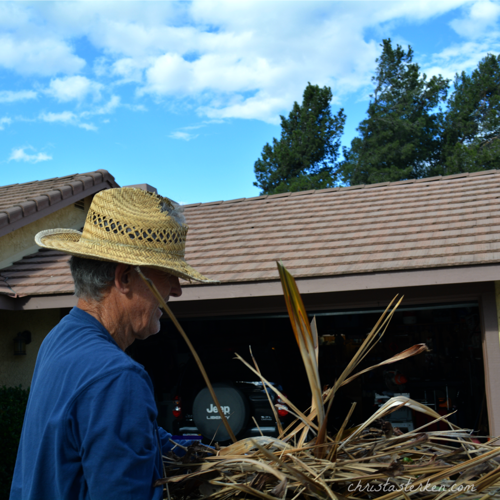 man putting trash away from yard work