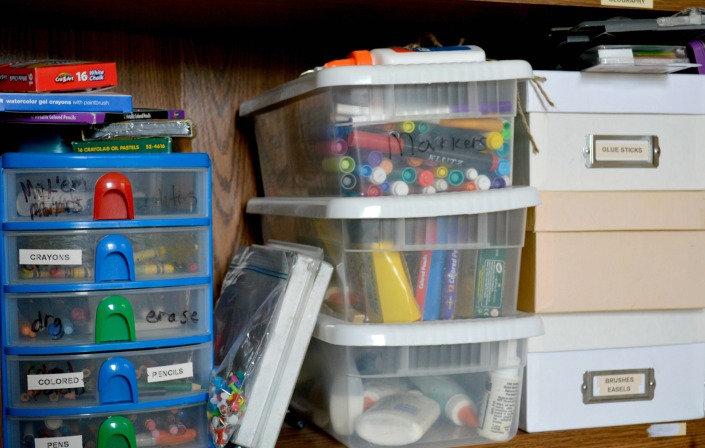 homeschool supplies on shelf