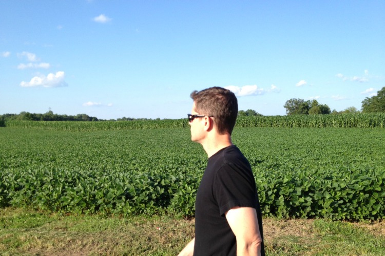 man walking past cornfields