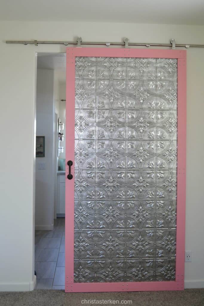  sliding barn door with metal ceiling tiles