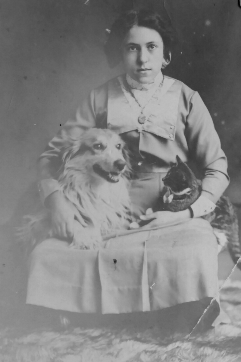 formal portrait of girl and pets at turn of the century