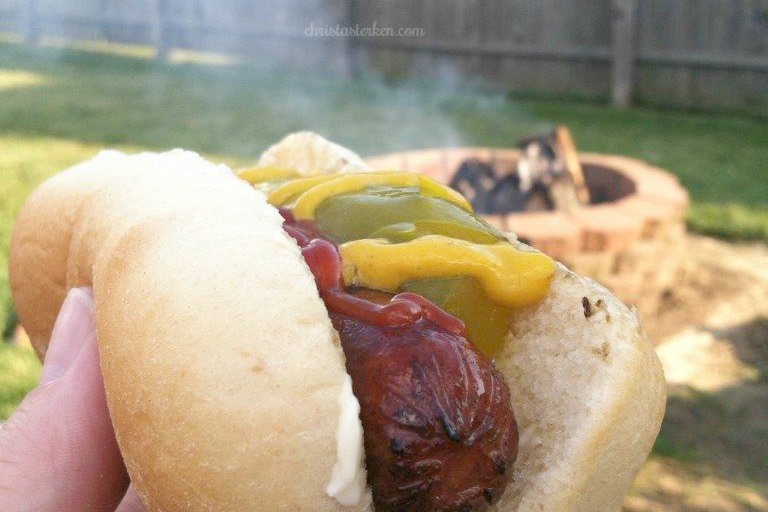 closeup of a hotdog at the firepit