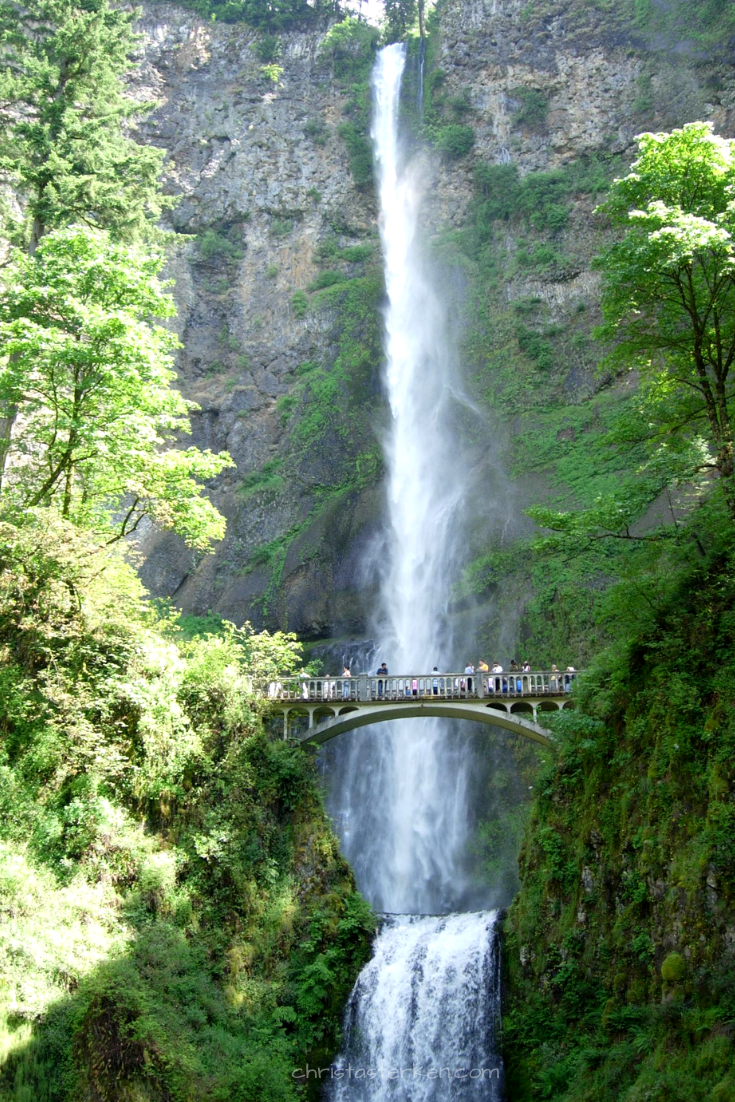 people standing on a bridge by waterfall