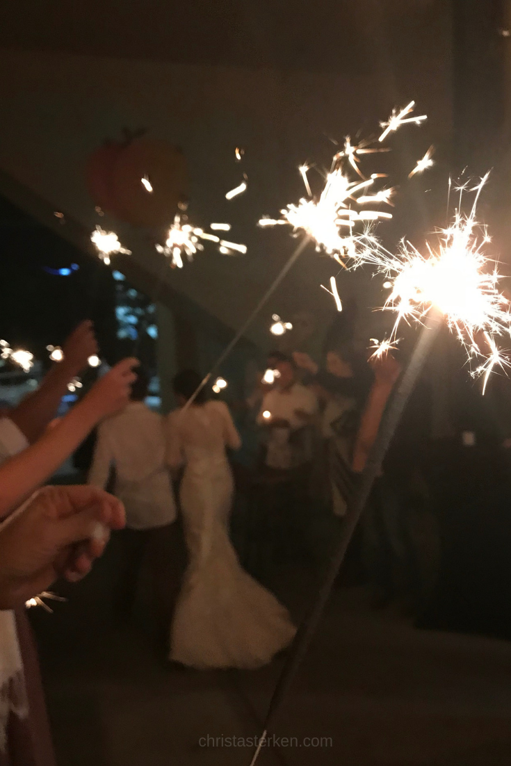 wedding couple leaving under a sparkler arch at night