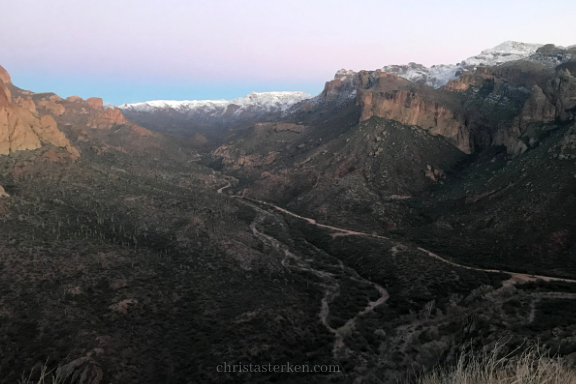 mountain view of apache trail below