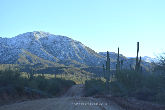 snow on distant desert mountains