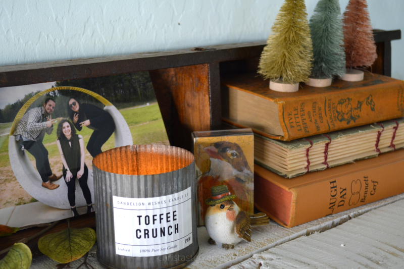toffee crunch candle and vintage books