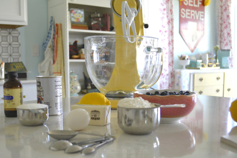 kitchen with mixing bowl and baking ingredients