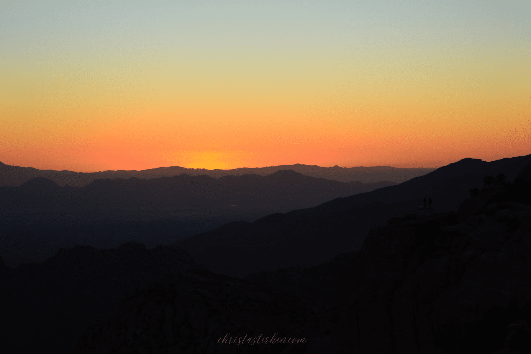 Mt. Lemmon desert sunset with golden sky and silhouetted trees, Arizona photography”